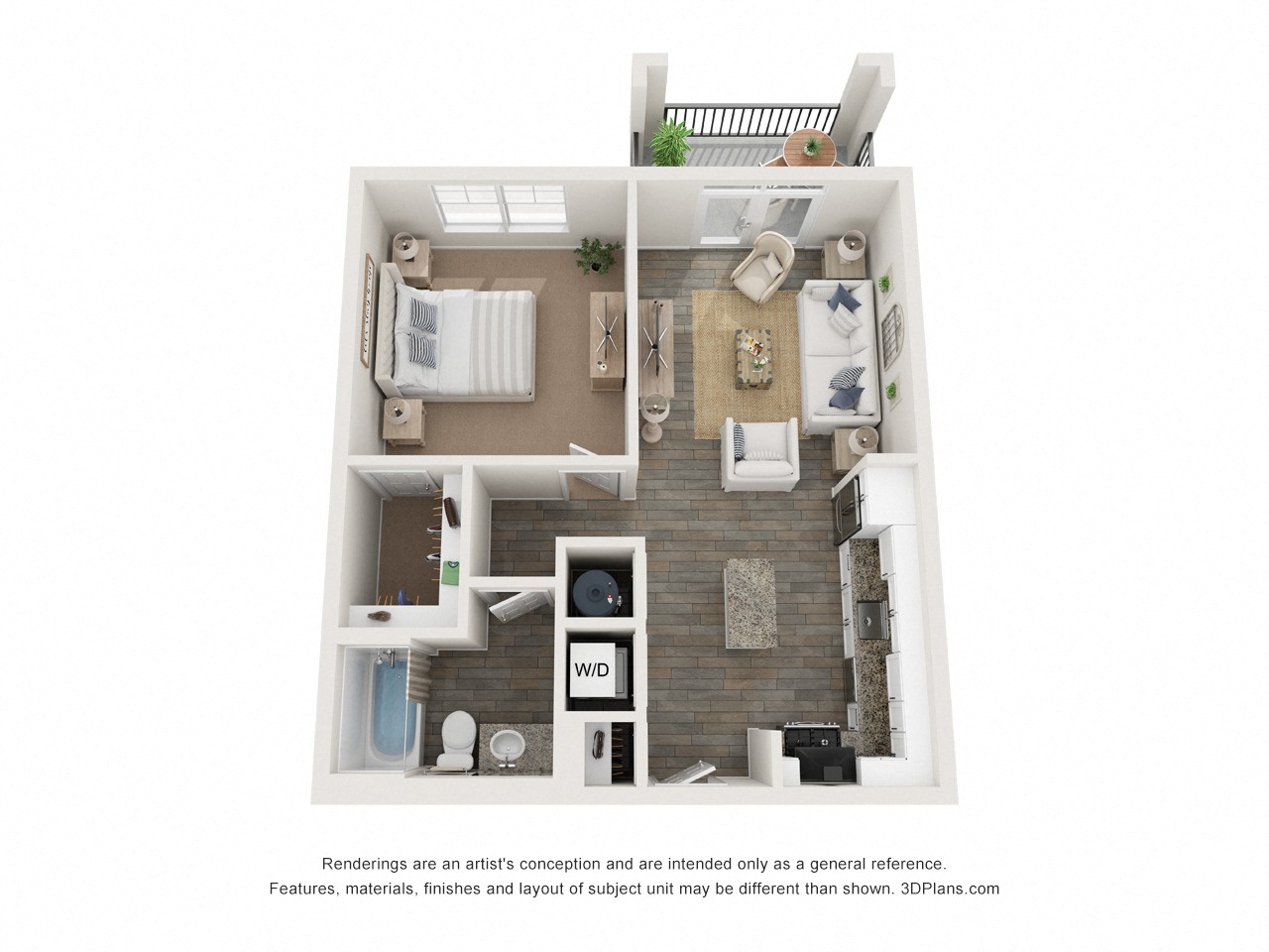 Floor plan for 1 bed, 1 bath, 675 sqft